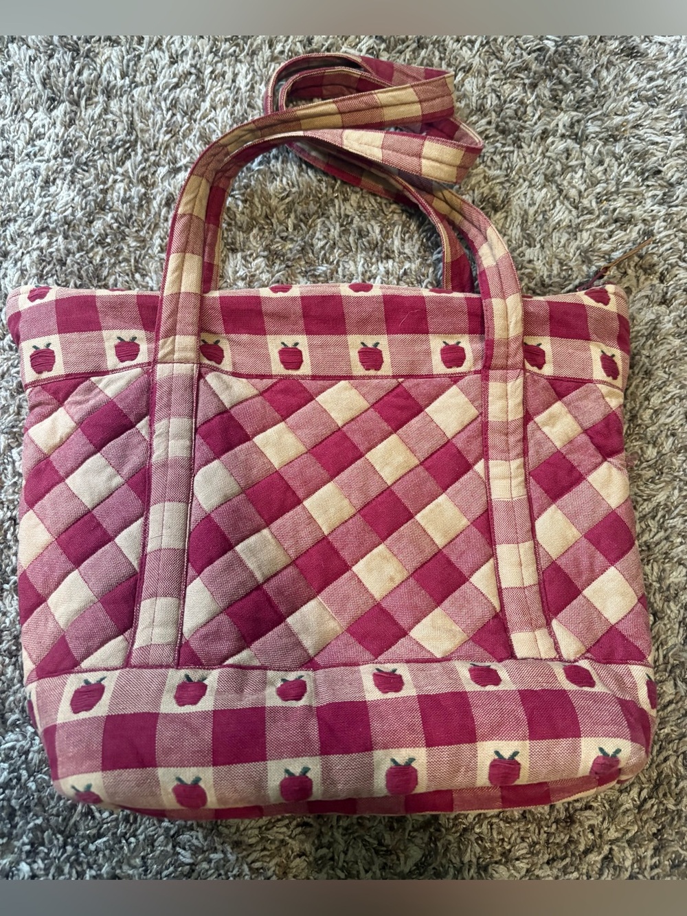 Quilted Pink Plaid Tote with Apple Accent